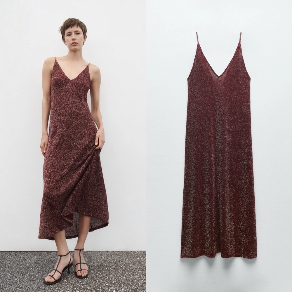 Zara Long Sparkly V-Neck Knit Maxi Dress In Maroon Size L